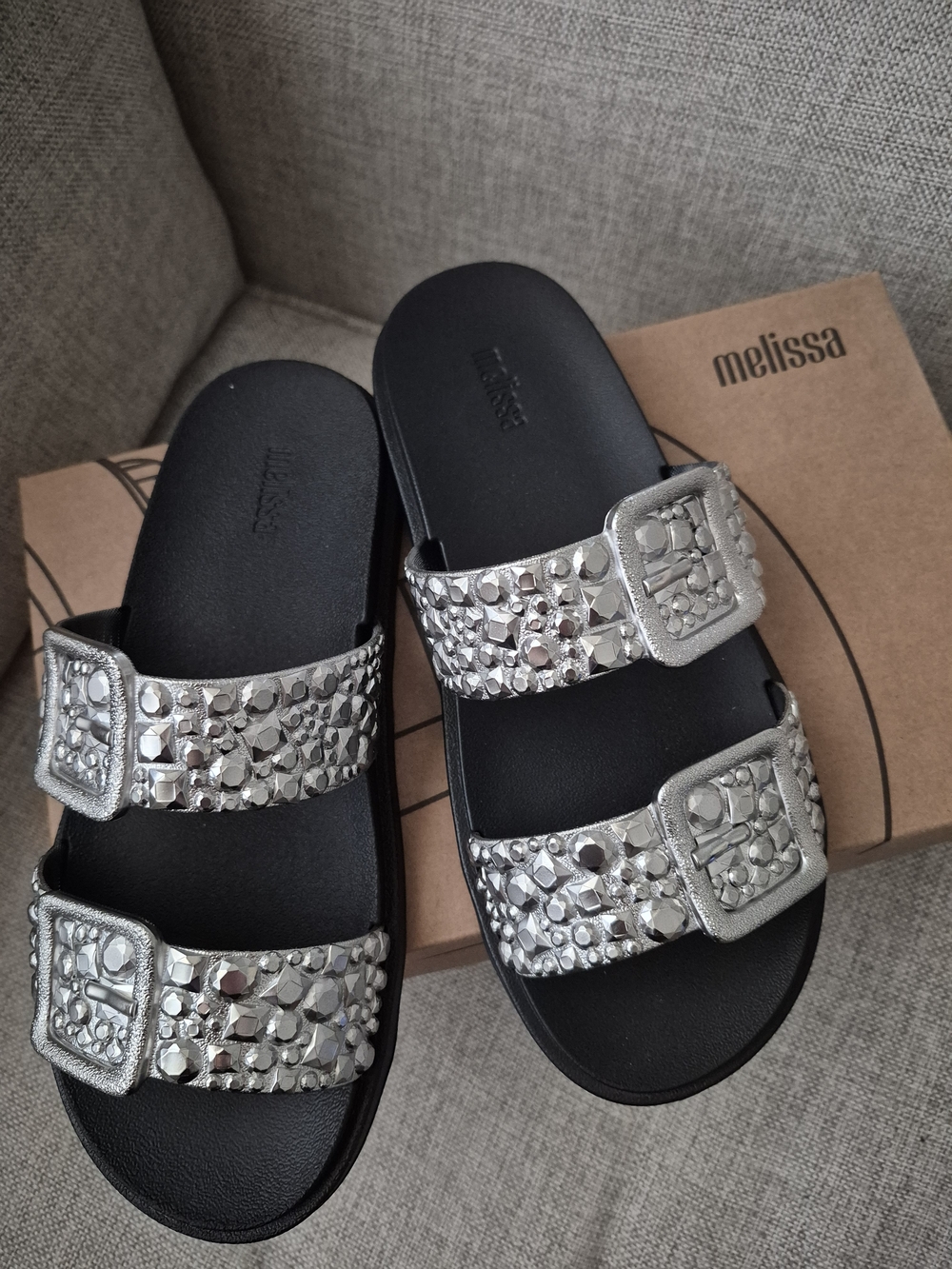 Melissa Silver Double‑Strap Slide Sandals Brand New Size 8